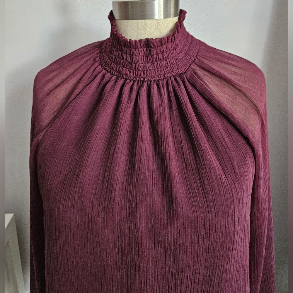 JOIE Long Sleeve Smocked High Neck Sheer Layered Wine Blouse | SZ M - Picture 7 of 10